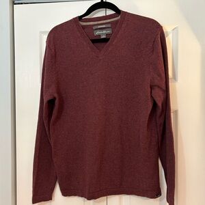 Eddie Bauer Cotton Merino V-Neck Sweater Mens S Burgundy Lightweight Pullover